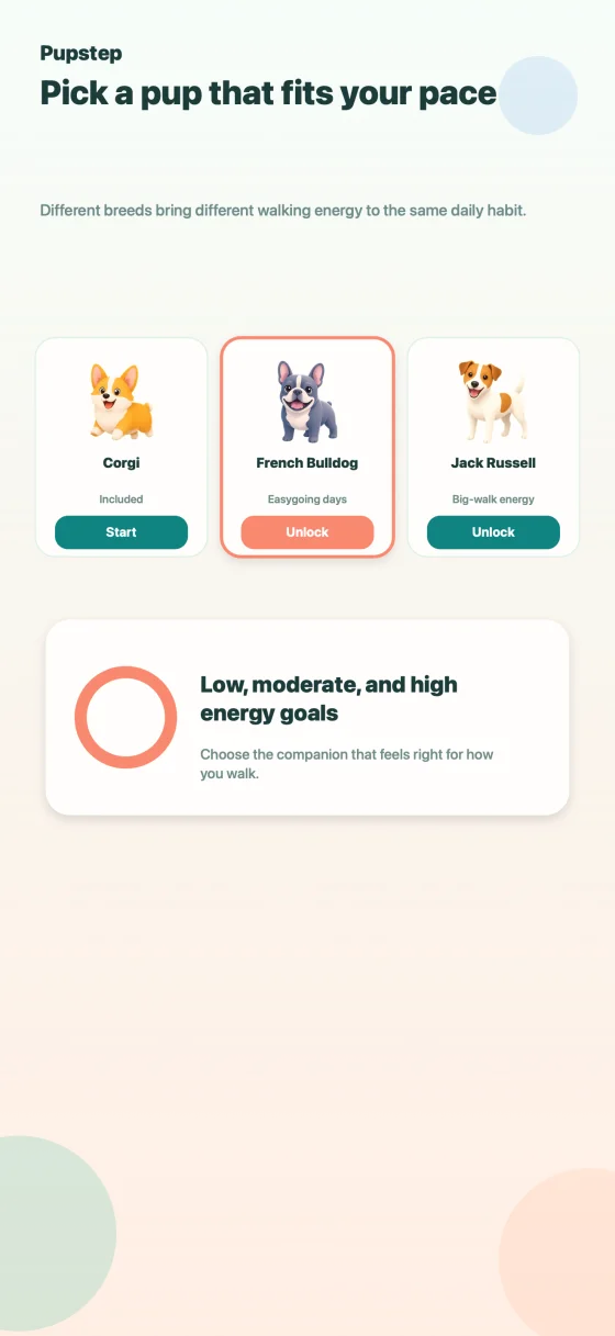 Pupstep App Store screenshot showing breed choices