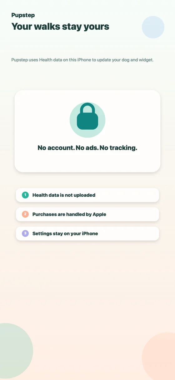 Pupstep App Store screenshot explaining no account, ads, or tracking