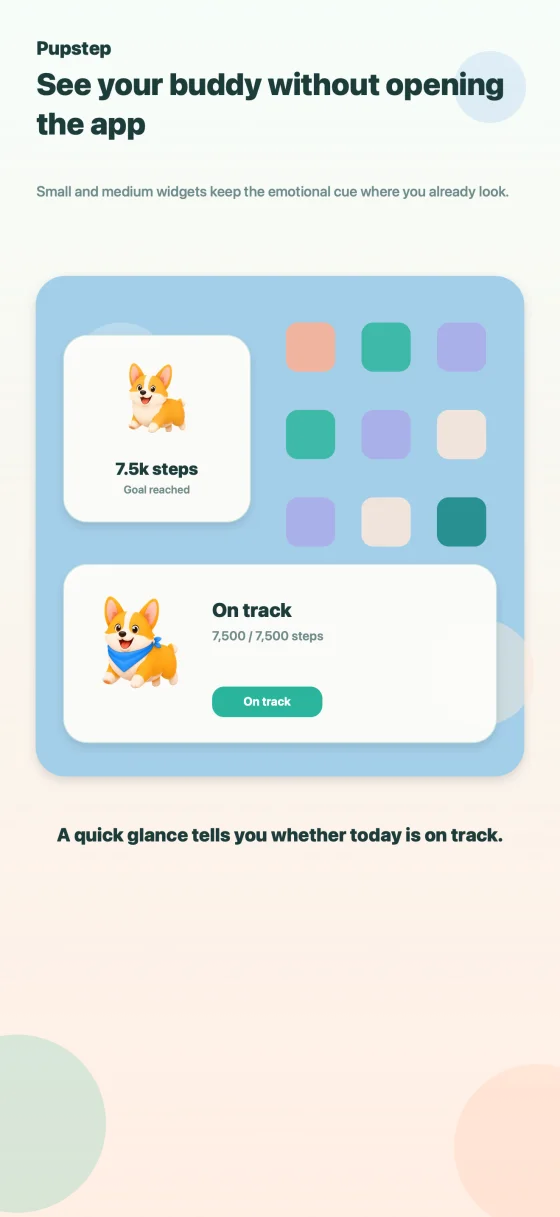 Pupstep App Store screenshot showing Home Screen widget glance value